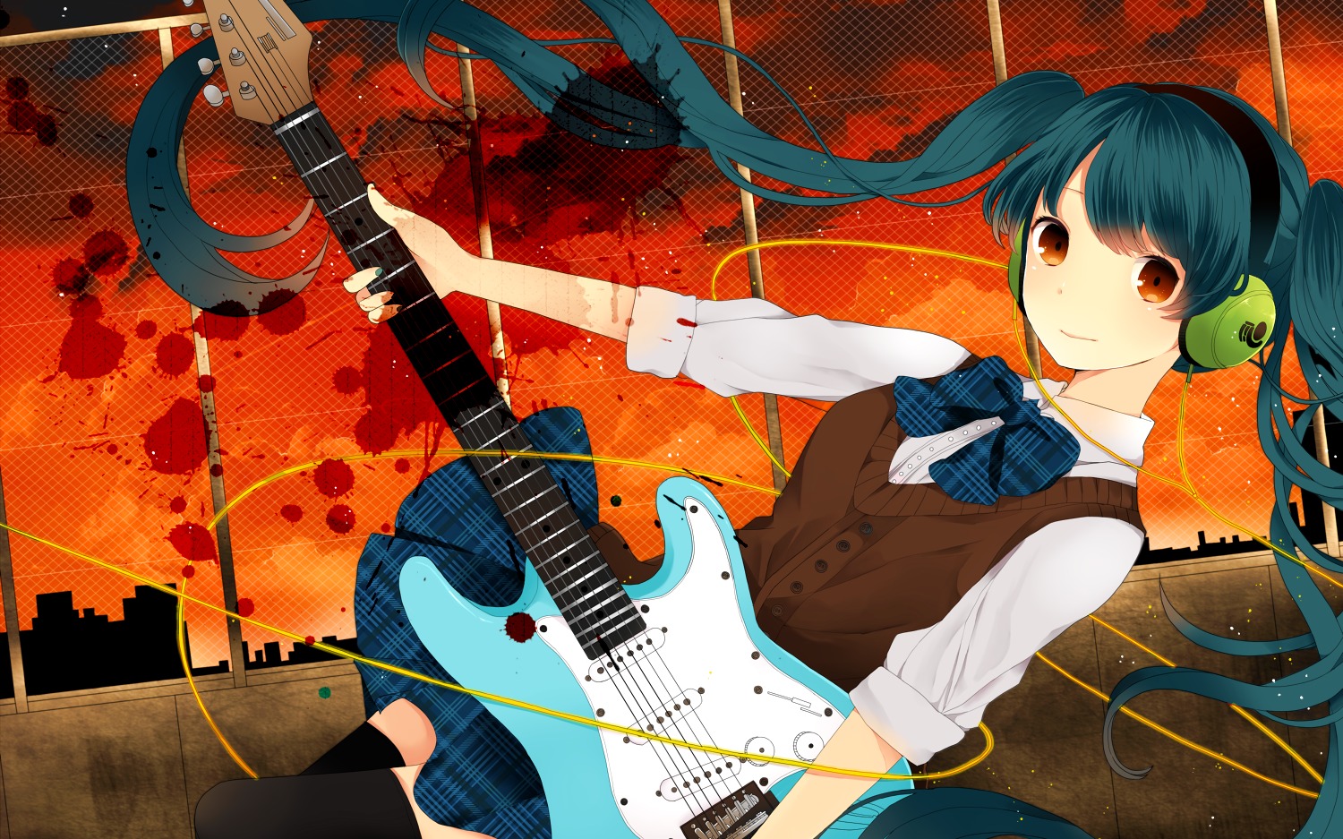 Komine Vocaloid Hatsune Miku Guitar Headphones Seifuku Thighhighs 184647 Yande Re